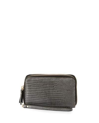 Exotic Double-zip Faux-leather Wristlet, Gray Iguana