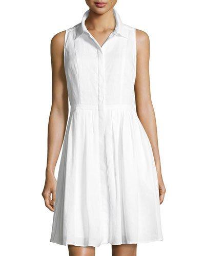 Sleeveless Button-front Linen Dress, White