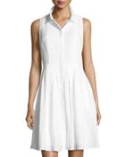 Sleeveless Button-front Linen Dress, White