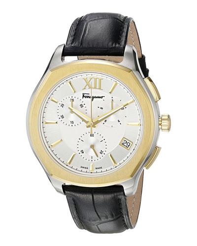 43mm Lungarno Men's Two-tone Chronograph Watch W/ Leather Strap, Silver/gold/black