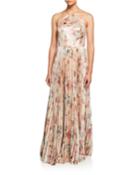 Floral Lame Halter Gown With Pleated