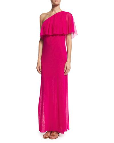Ruffled One-shoulder Column Gown, Fuchsia