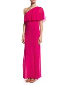 Ruffled One-shoulder Column Gown, Fuchsia