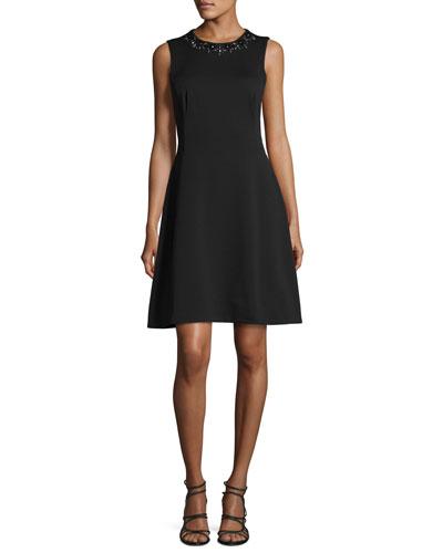 Embellished Fit & Flare Scuba Dress, Black