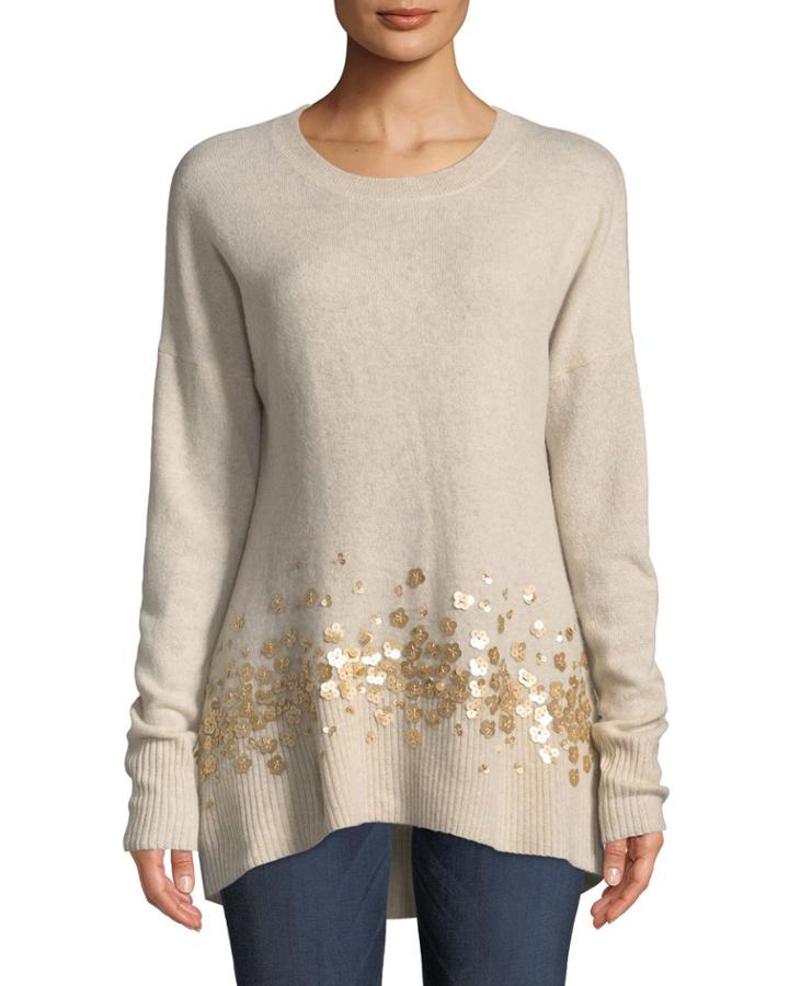 Cashmere Sequined-hem Tunic, Beige