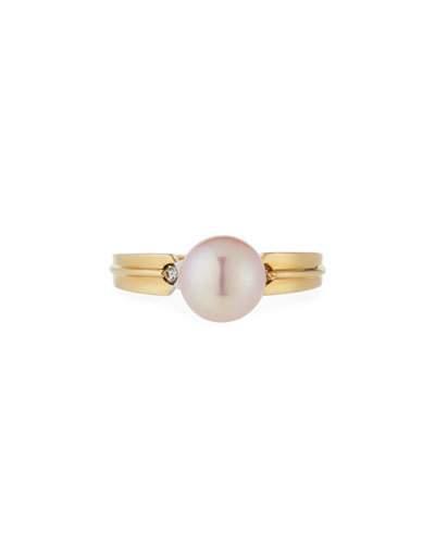 14k Yellow Gold & Pink Freshwater Pearl Ring With Diamonds,