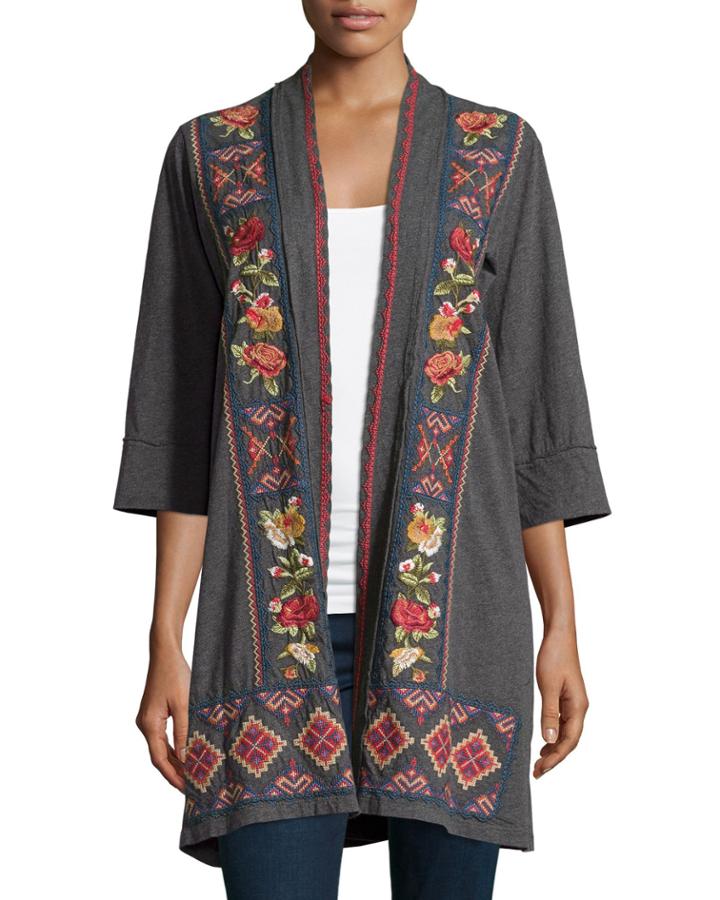 Jwla Carolina Embroidered Cardigan, Charcoal Gray, Women's, Size: Small, Charcoal G