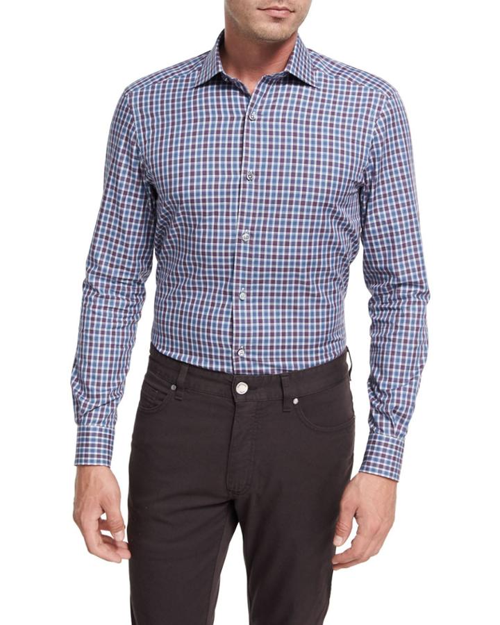 Shadow Plaid Cotton Sport Shirt, Burgundy/blue/white