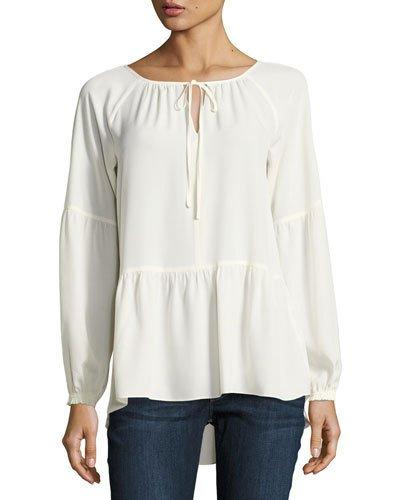 Ruffled Keyhole Peasant Blouse, White