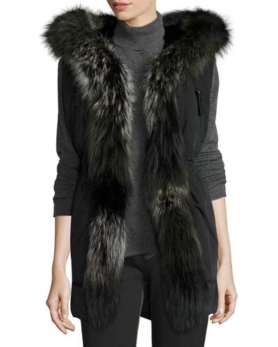 Fur-trimmed Hooded Vest, Black