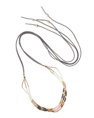 Long Beaded Leather & Crystal Wrap Necklace