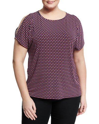 Dot-print Split-sleeve Top, Navy,