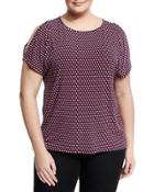 Dot-print Split-sleeve Top, Navy,