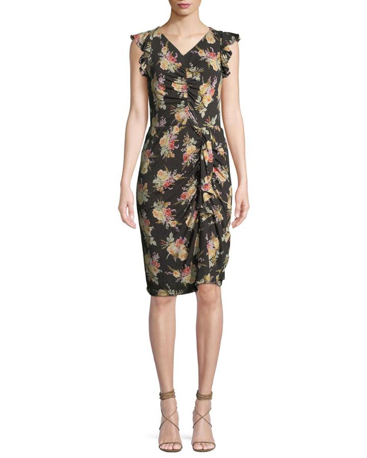 Ruched Sleeveless Floral-print Ruffle Dress
