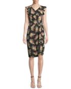 Ruched Sleeveless Floral-print Ruffle Dress