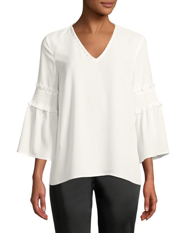 Smocked Bell-sleeve V-neck Blouse