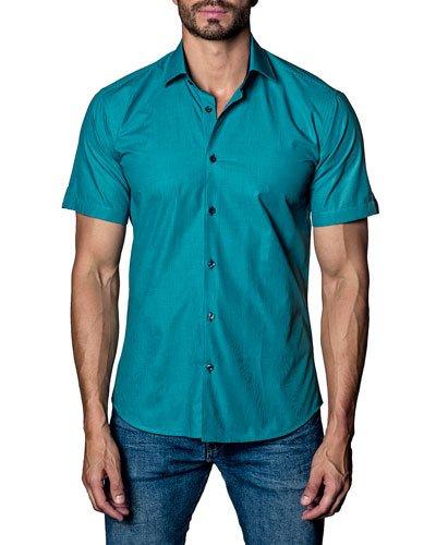 Woven Short-sleeve Sport Shirt, Blue Pattern