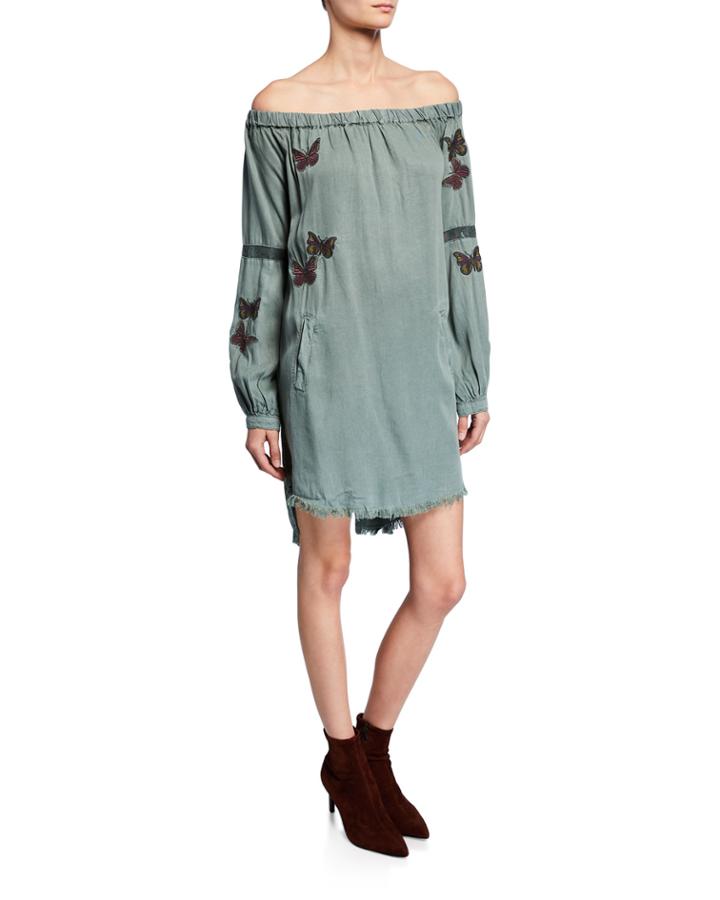 Butterfly Embroidered Off-the-shoulder