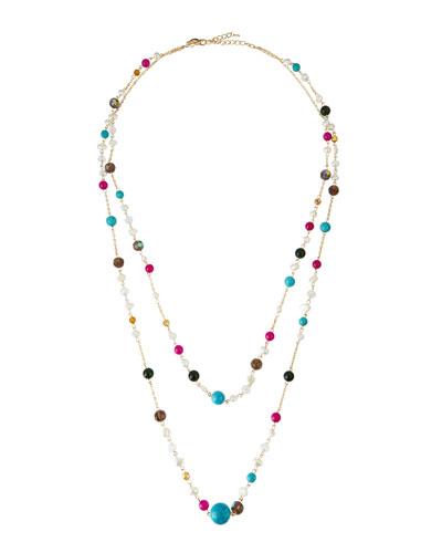 Long Golden Multi-strand Crystal Beaded Necklace,