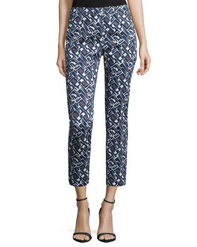 Slim-leg Geometric-print Cropped Pants, Navy Print