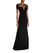 Sweetheart Mesh Illusion Cap-sleeve Gown