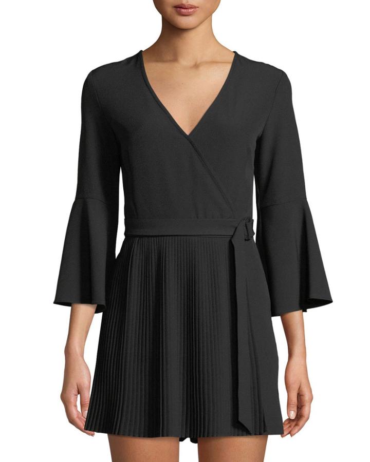 V-neck Bell-sleeve Crepe Pleated Romper