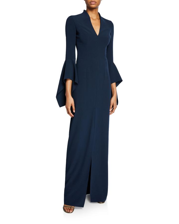 V-neck Flounce-sleeve Crepe Gown