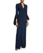 V-neck Flounce-sleeve Crepe Gown