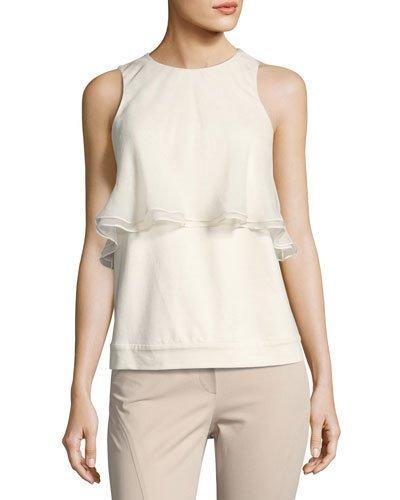 Silk Organza Ruffled Sleeveless Top, Cream