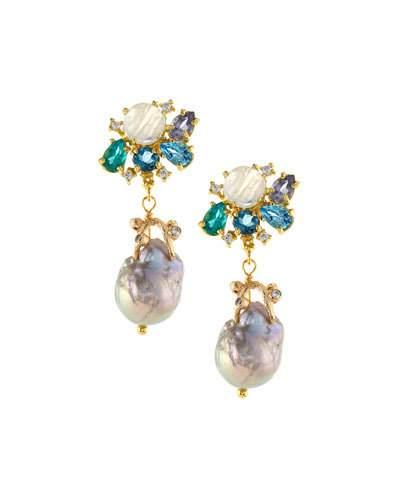 Cluster Gemstone & Baroque Pearl Earrings