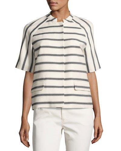 Ethan Half-sleeve Snap-front Striped Jacket, Black/white