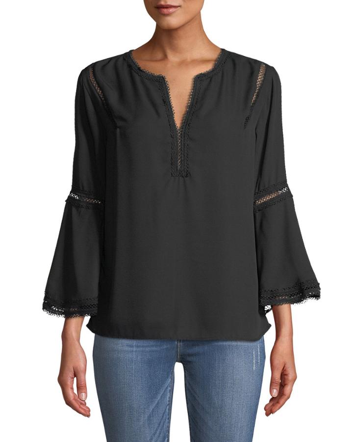 Mesh-lace Trim Flare-sleeve Blouse