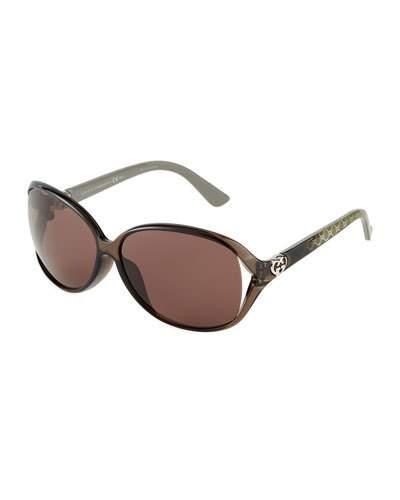 Lattice-detail Round Sunglasses, Gray