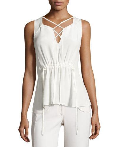 Lace-up Drawstring Sleeveless Blouse, White