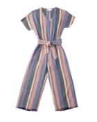 Multi-stripe Frayed Jumpsuit W/ Belted Waist,