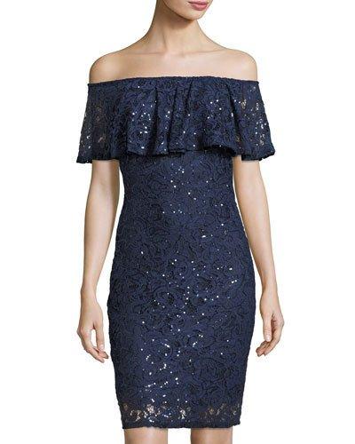 Off-the-shoulder Short Lace Dress, Navy