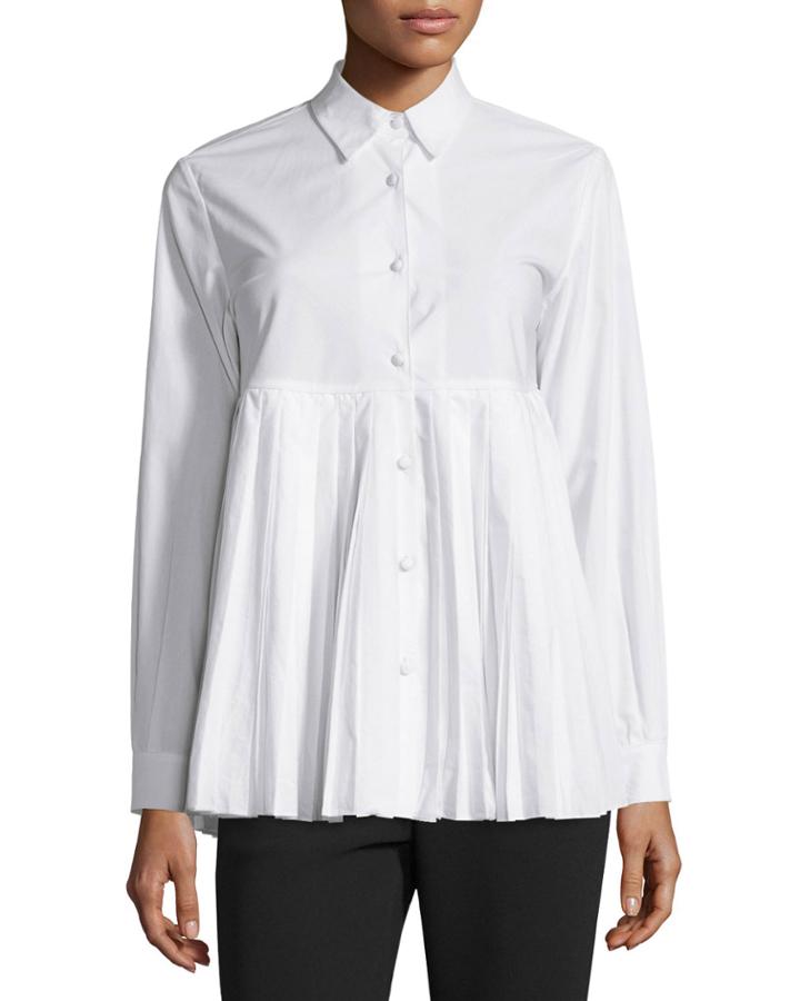 Button-front Plisse-hem Blouse