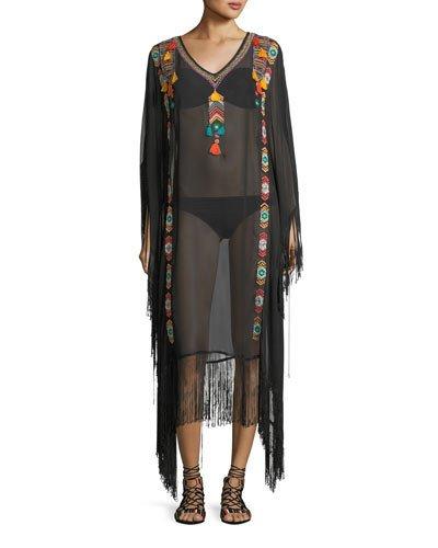 Fringed V-neck Caftan Coverup