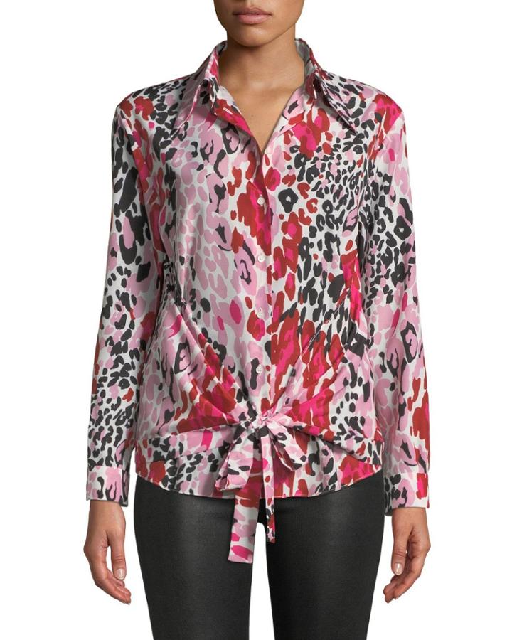 Long-sleeve Animal-print Wrap Blouse