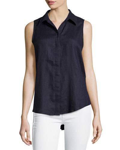 Linen Sleeveless High-low Blouse, Total Eclipse