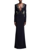 Beaded-illusion Trim Plunging V-neck Gown