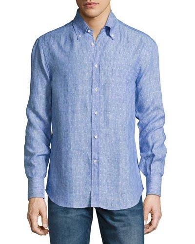 Linen Button-down Sport Shirt, Blue/white