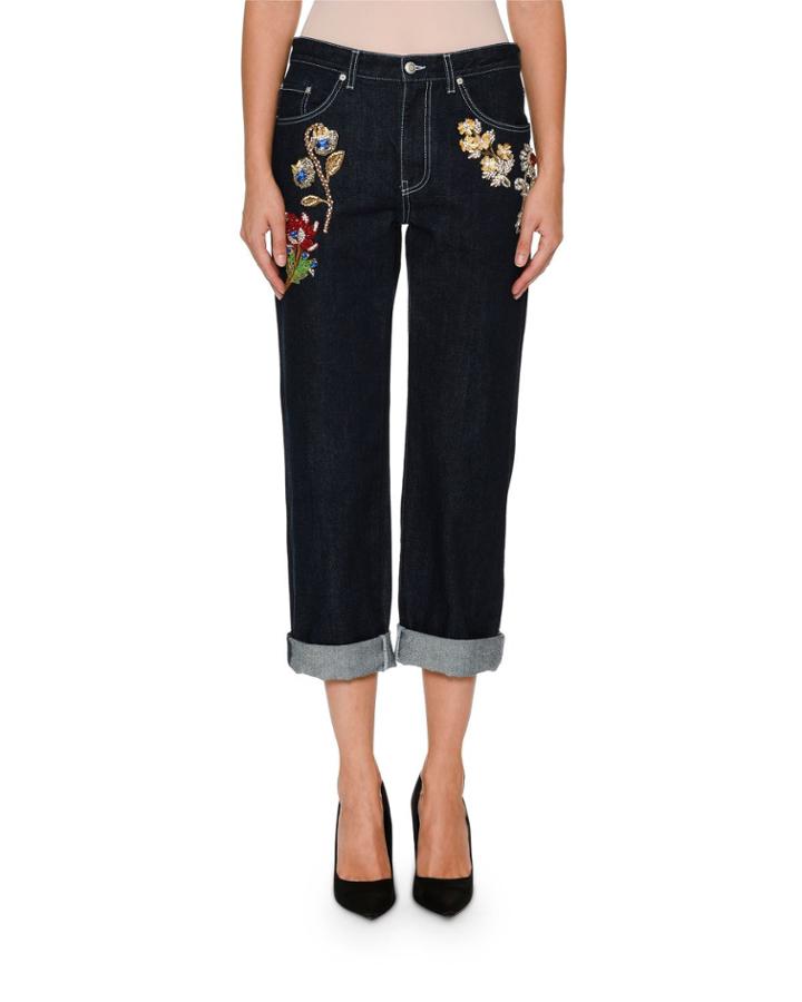 Wide-leg Cropped Jeans With Jeweled Trim
