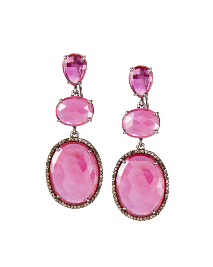 Glass Ruby 3-drop Earrings W/ Diamonds