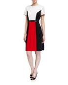 Colorblock Short-sleeve Dress W/ Faux-leather Waist