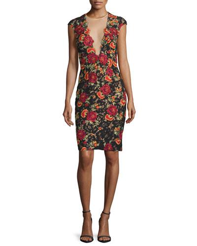 Cap-sleeve Floral Open-back Sheath Dress, Black/multicolor
