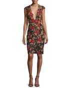 Cap-sleeve Floral Open-back Sheath Dress, Black/multicolor