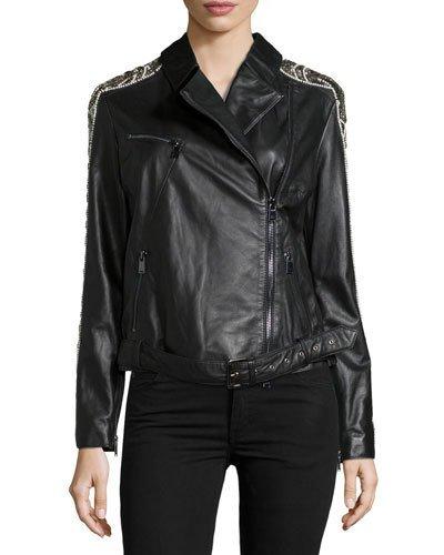 Embellished Leather Moto Jacket, Black