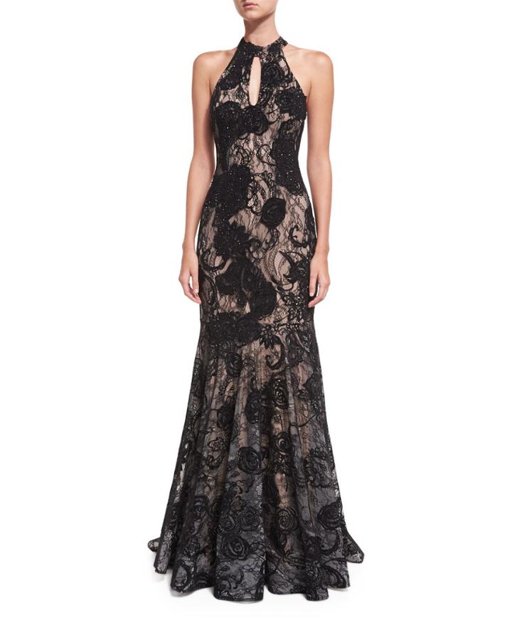 Floral Embellished Sleeveless Halter Evening Gown
