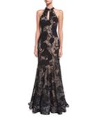 Floral Embellished Sleeveless Halter Evening Gown